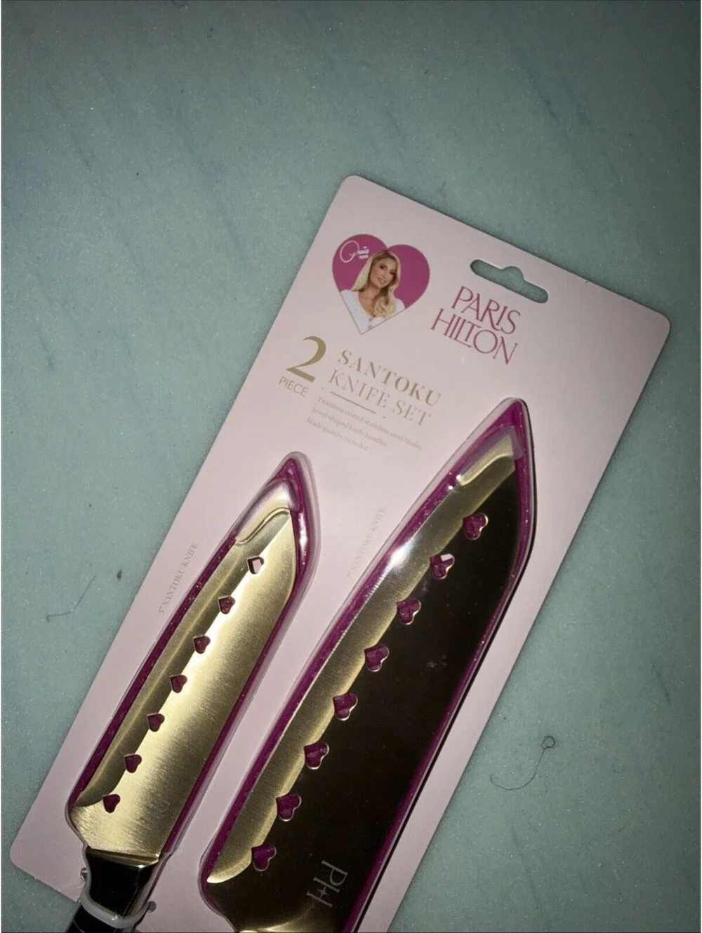 Paris Hilton Stainless Steel Knife Set- Jewel Handles & Gold Blades Heart Cutout